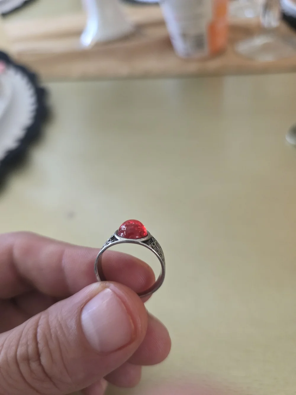 Silver Ring with Red Cabochon Gemstone